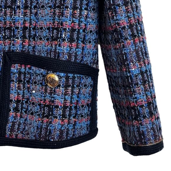 Sandro Women’s Tweed Bouclé Jacket M Blue Plaid Gold Buttons Preppy Classic Chic - Picture 10 of 14